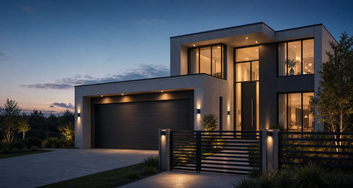 Modern home with garage door, windows, entrance door and fence