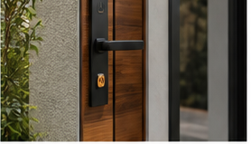 Modern wooden entrance door handle detail