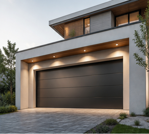 Dark sectional garage door in a modern house